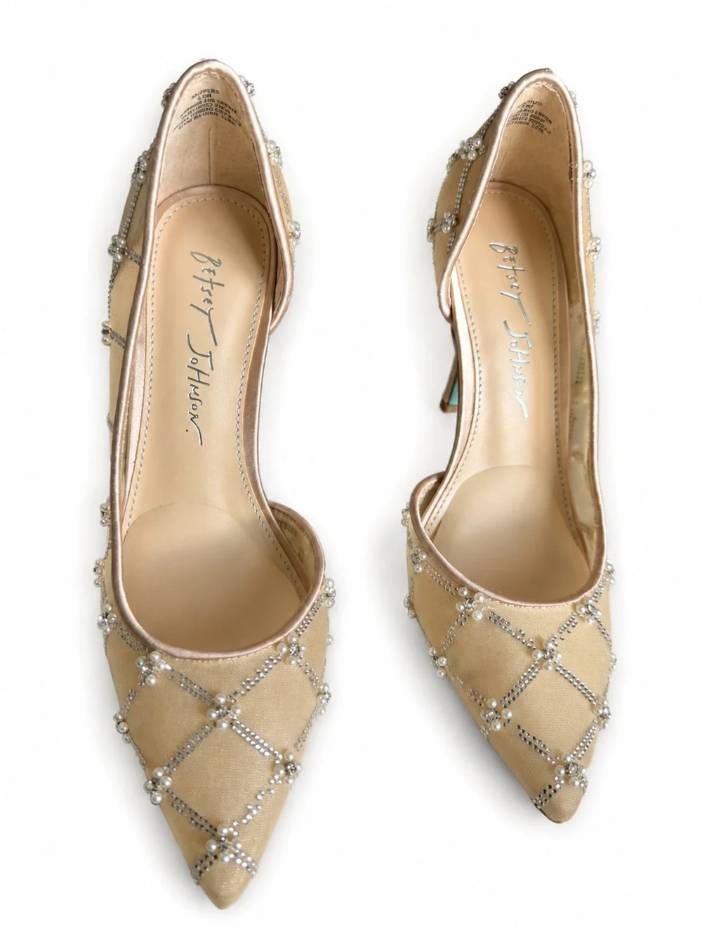 Betsey Johnson Cruze Rhinestone Pearl Mesh Pumps Nude Heels Size 6.5 W/Box